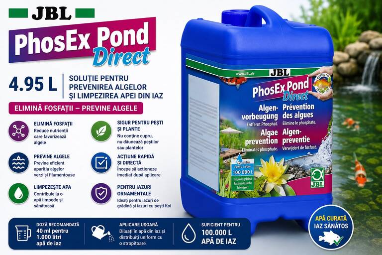 Infografic comercial pentru JBL PhosEx Pond Direct în flacon de 4.95L, soluție pentru prevenirea algelor și eliminarea fosfaților din iaz. În centru este prezentat bidonul albastru de produs, în stânga sunt detaliate caracteristicile tehnice precum reducerea nutrienților care favorizează algele, iar în dreapta se observă un iaz cu apă curată și pești koi înotând.