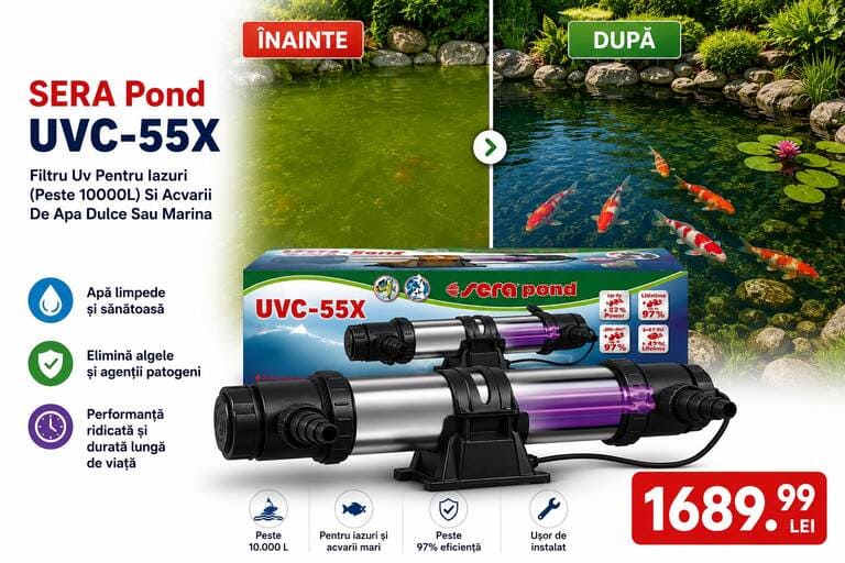 Card promoțional pentru sterilizatorul UV-C SERA Pond UVC-55X pentru iazuri de peste 10000L. În partea de sus este afișată o comparație „Înainte și După”, ilustrând un iaz cu apă verde și tulbure care devine curat și limpede, cu pești koi și nuferi. Imaginea include detalii tehnice și prețul produsului.