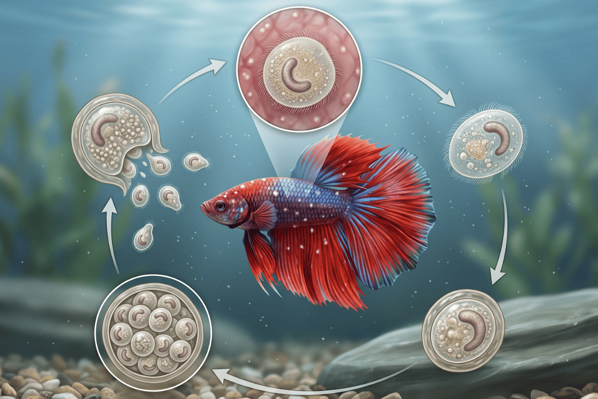 Ciclul de viață al parazitului Ichthyophthirius multifiliis la un pește Betta, de la trofontul parazitar până la eliberarea theronților infectanți.