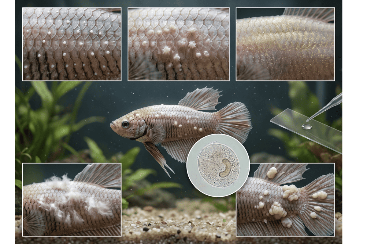 Comparație clinică și microscopică între „grișul” produs de Ichthyophthirius multifiliis și alte afecțiuni cu leziuni asemănătoare la peștele Betta.
