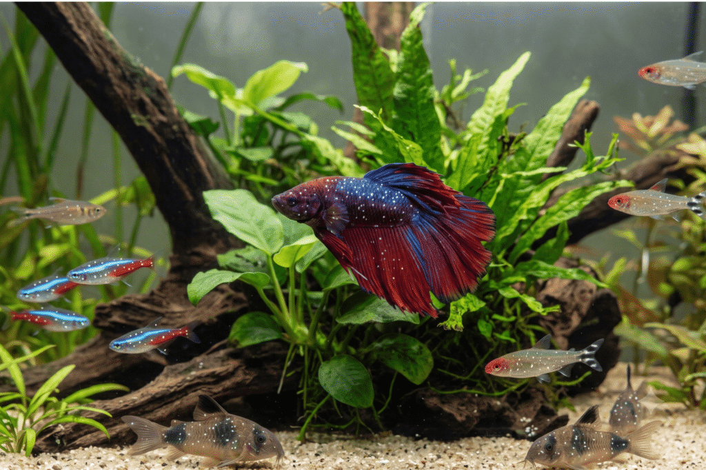 O fotografie detaliată subacvatică a unui acvariu comunitar tropical bine plantat, capturând un pește Betta splendid, roșu cu albastru, în centru. Peștele Betta și ceilalți pești din bazin (neoni, rummy-nose tetra și sanitari Corydoras) prezintă semne vizibile, distincte, de pete albe pe corp și înotătoare, caracteristice infestării cu parazitul Ichthyophthirius multifiliis (boala punctelor albe sau griș). Apa este clară, cu particule fine în suspensie, evidențiind textura plantelor (Java Fern, plante-sabie) și a decorurilor din lemn. Peștii apar afectați, cu înotătoarele ușor strânse, în timp ce înoată printre elementele acvariului. Imaginea este o reprezentare realistă a unei boli parazitare avansate într-un ecosistem de acvariu.